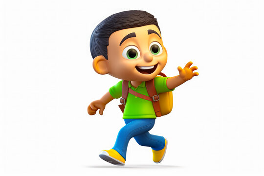 Cartoon boy with backpack running with his hands out to the side. Generative AI.