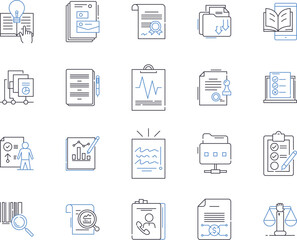 law agency outline icons collection. Law Firm, Lawyer, Practice, Attorney, Solicitors, Barristers, Chambers vector and illustration concept set. Counsel, Prosecution, Jurisprudence linear signs