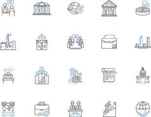 Government outline icons collection. Authority, Legislation, Bureaucracy, Democracy, Regulation, Rule, Security vector and illustration concept set. Economics, Politics, Law linear signs