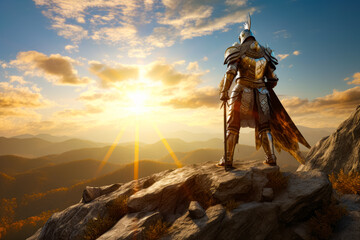 Man in armor standing on top of mountain with the sun in the background. Generative AI.