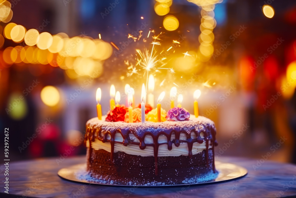 Wall mural birthday cake with lit candles on table with blurry lights in the background. generative ai.