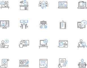 Working outline icons collection. Employing, Occupying, Laboring, Functioning, Earning, Performing, Executing vector and illustration concept set. Operating,Plying,Acting linear signs