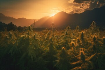 Sunset over a large field of hemp Generative Ai
