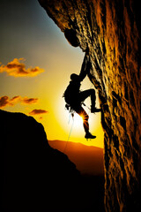 Man climbing up the side of mountain with sunset in the background. Generative AI. - obrazy, fototapety, plakaty