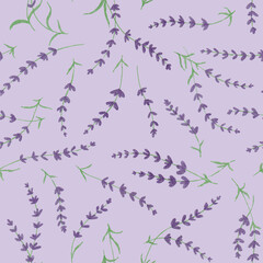 Hand drawn seamless pattern with shining glowing line art provance purple lavender flowers.Floral spring summer botanical backdrop on violet background.