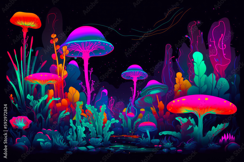 Sticker Image of many different types of mushrooms in dark forest with bright colors. Generative AI.