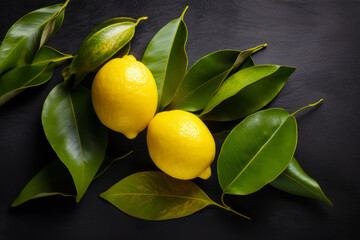 Couple of lemons sitting on top of green leafy branch. Generative AI.