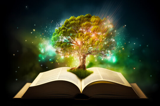 Open book with image of tree in the middle of it. Generative AI.