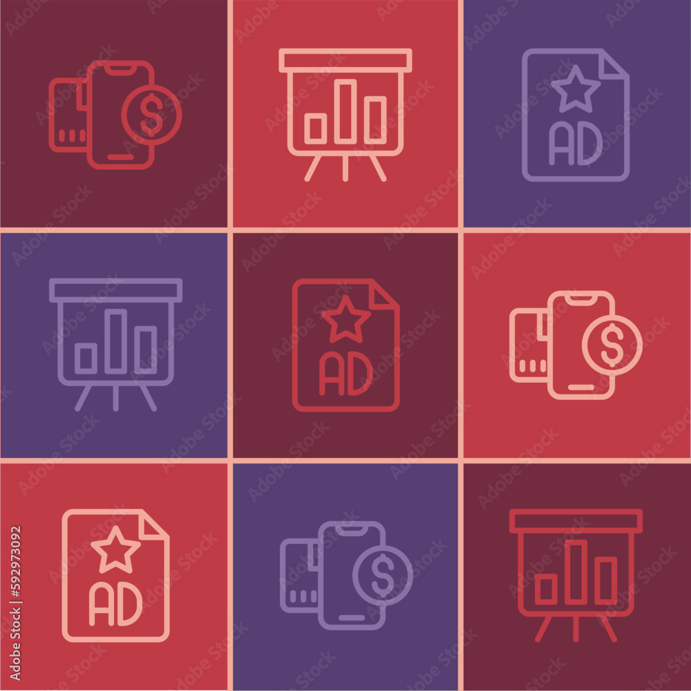 Poster set line mobile with dollar, advertising and board graph chart icon. vector
