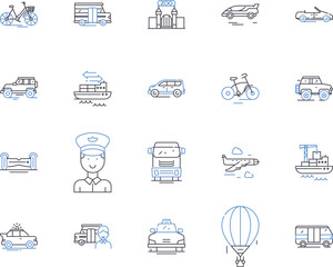 Transport and travel outline icons collection. Logistics, Planes, Boats, Trains, Roads, Ridesharing, Buses vector and illustration concept set. Autos, Taxis, Cabs linear signs