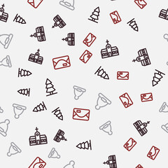 Set line Christmas tree, Church building, Santa Claus hat and Envelope on seamless pattern. Vector