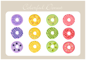 かわいいおしゃれなスイーツ　カラフルなドーナツのイラスト素材　デザート　お土産　バレンタイン
