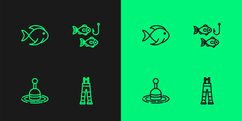 Set line Fisherman pants, Fishing float in water, and hook with fish icon. Vector