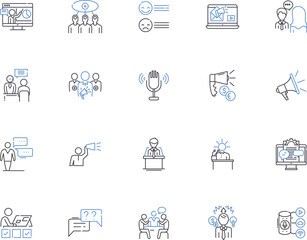 Speech outline icons collection. Speaking, Oratory, Reciting, Rhetoric, Elocution, Pronunciation, Vocalizing vector and illustration concept set. Intonation, Invective, Utterance linear signs