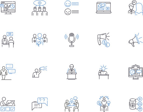 Speech outline icons collection. Speaking, Oratory, Reciting, Rhetoric, Elocution, Pronunciation, Vocalizing vector and illustration concept set. Intonation, Invective, Utterance linear signs