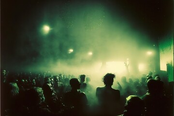 Nightclub with misty smoke environment, dreamy silhouette crowd dancing along with the music, rave party with techno theme with DJ live performance in music festival. Superb Generative AI.