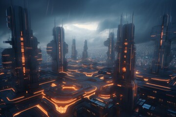 A futuristic cityscape with advanced education and learning systems, Generative AI
