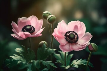 Beautiful pink flower anemones on on soft green background, macro. Spring template, elegant amazing artistic image. Sumer background. Generative AI