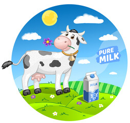 Funny cartoon cow with milk on meadow. Vector Illustration.