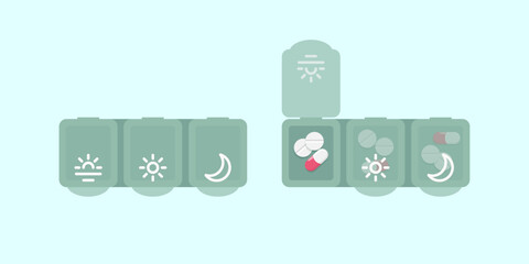 Empty and filled with pills pharmacy daily pill boxes, green plastic medical boxes. Flat style vector illustration 