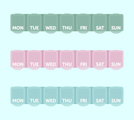 Empty pharmacy weekly pill boxes, Green, pink and blue plastic medical boxes. Flat style vector illustration