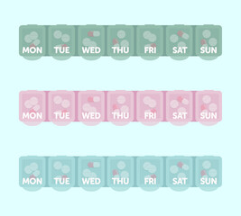 Pharmacy weekly pill boxes with medical pills. Green, pink and blue plastic medical boxes. Flat style vector illustration