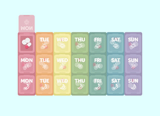 Pharmacy weekly and daily pill box with medical pills. Colourful plastic medical organizer . Flat style vector illustration