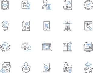 Marketing outline icons collection. Advertising, Promotion, Branding, Campaigns, Publicity, Consumers, Sales vector and illustration concept set. Social, Digital, Media linear signs