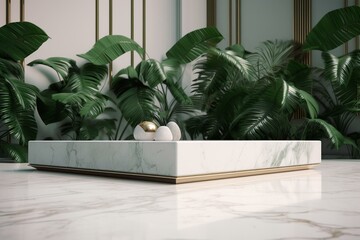 Luxury Minimal White Marble Stage Platform, Summer Green Tropic Plant, Abstract Background 3d Rendering. Generative AI