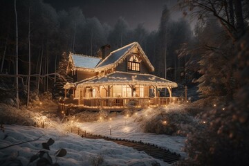 Enchanted Winter Forest with house beautifully decorated for Christmas at night. Generative AI