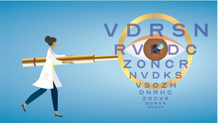 Woman, optometrist, optician,  with big golden magnifying glass examine the eye sight. Dimension 16:9. Vector illustration.