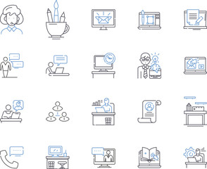 Working conference outline icons collection. Working, Conference, Meeting, Event, Seminar, Summit, Gather vector and illustration concept set. Network, Forum, Program linear signs