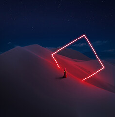 Rectangle glow neon object in the dark desert