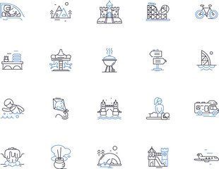 Outdoor leisure outline icons collection. Hiking, Camping, Climbing, Backpacking, Kayaking, Canoeing, Fishing vector and illustration concept set. Swimming, Skating, Surfing linear signs