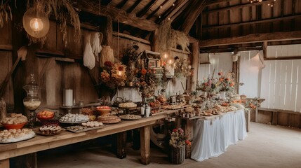 Cozy and festive wedding decor interior in a barn, AI generated 