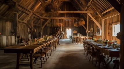 Fototapeta na wymiar Cozy bohemian and vintage wedding decoration in a barn, with dried flowers, AI generated