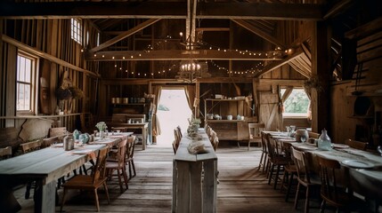 Fototapeta na wymiar Vintage and rustic wedding decor interior in a barn with hay, AI generated 