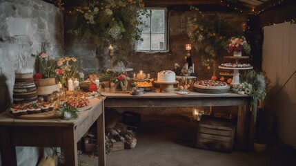 Fototapeta na wymiar Cozy rustic wedding hall interior design, AI generated 