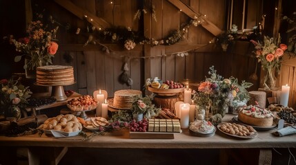 Fototapeta premium Rustic and boho wedding hall in a barn, AI generated 
