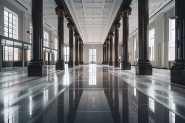 Empty hall with the high ceiling, a lot of poles and mirror door in the middle. This mood and tone are the modern design interior building. Generative AI