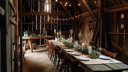 Fototapeta premium Cozy bohemian and vintage wedding decoration in a barn, AI generated