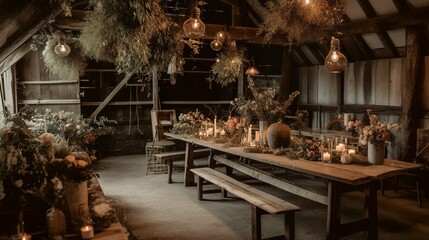 Fototapeta na wymiar Vintage and rustic wedding interior in a barn, AI generated 
