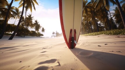 generative ai of tropical island with surfboard in the sand
