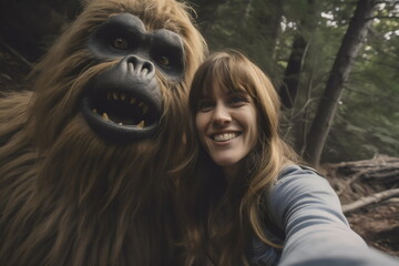smiling woman taking selfie with bigfoot in the snow, made with generative ai - obrazy, fototapety, plakaty