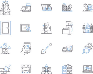 Houses and construction outline icons collection. Housing, Construction, Building, Dwelling, Architectural, Home, Real-Estate vector and illustration concept set. Residential, Estate, Developer linear