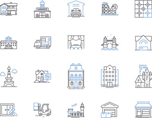 Houses and buildings outline icons collection. Homes, Dwellings, Abodes, Structures, Edifices, Mansions, Abbeys vector and illustration concept set. Castles, Estates, Towers linear signs