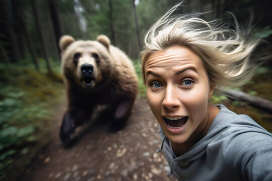 woman taking selfie while being chased by a bear, made with generative ai