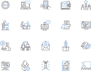 Product management outline icons collection. Product, Management, Development, Strategy, Design, Analysis, Sourcing vector and illustration concept set. Innovation, Quality, Planning linear signs