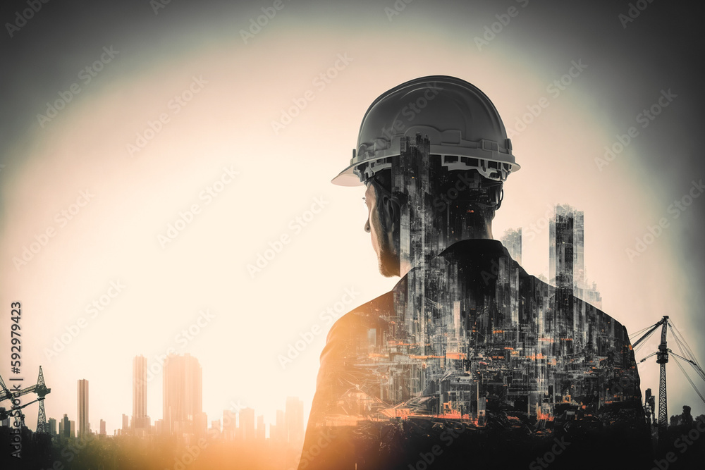 Poster civil engineer portrait as concept for building construct by professional with hardhat helmet engine