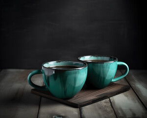 Obraz na płótnie Canvas Two hot cups of coffee on a table, Generative AI